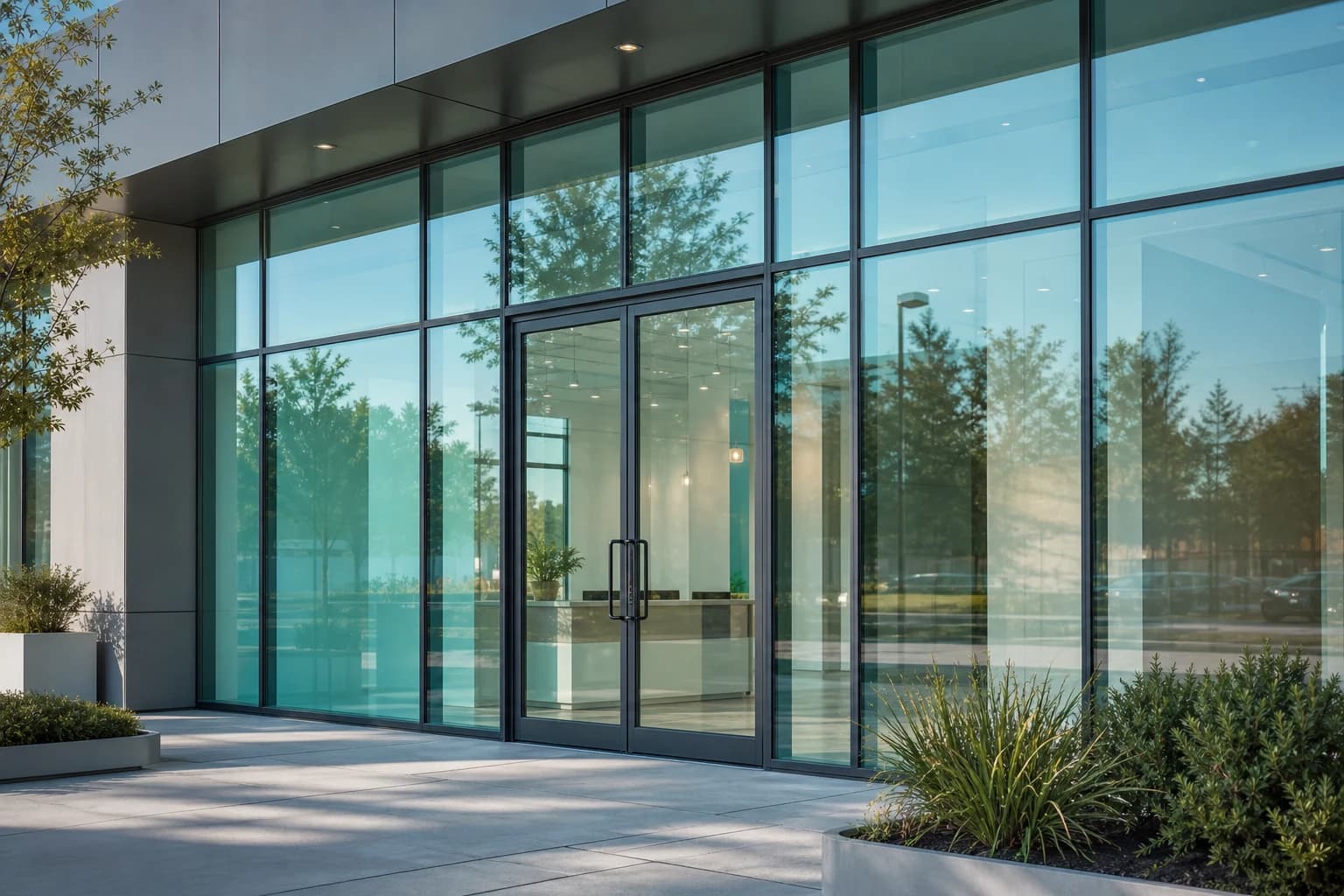 Clean commercial storefront glass installation style visual