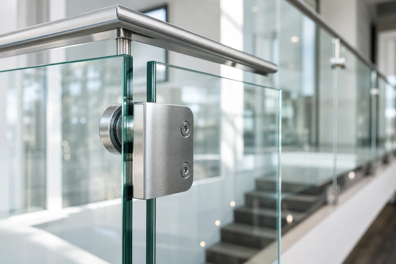 Glass railing hardware and panel edge
