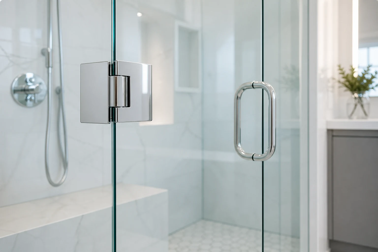 Close detail of frameless shower glass hardware